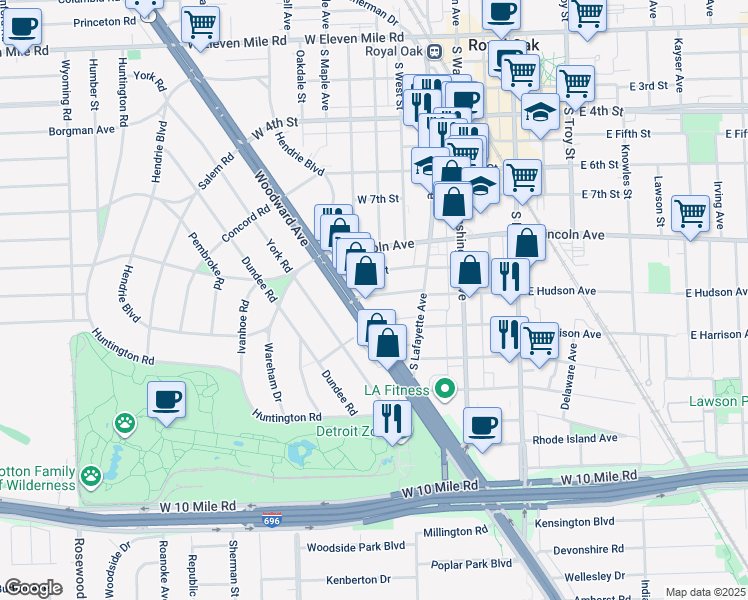 map of restaurants, bars, coffee shops, grocery stores, and more near 525 West Hudson Avenue in Royal Oak