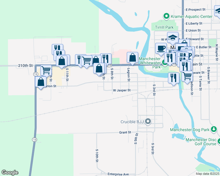map of restaurants, bars, coffee shops, grocery stores, and more near 901 West Jasper Street in Manchester