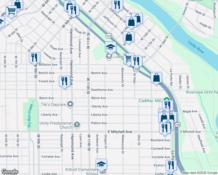 map of restaurants, bars, coffee shops, grocery stores, and more near 1601 Hawthorne Avenue in Waterloo