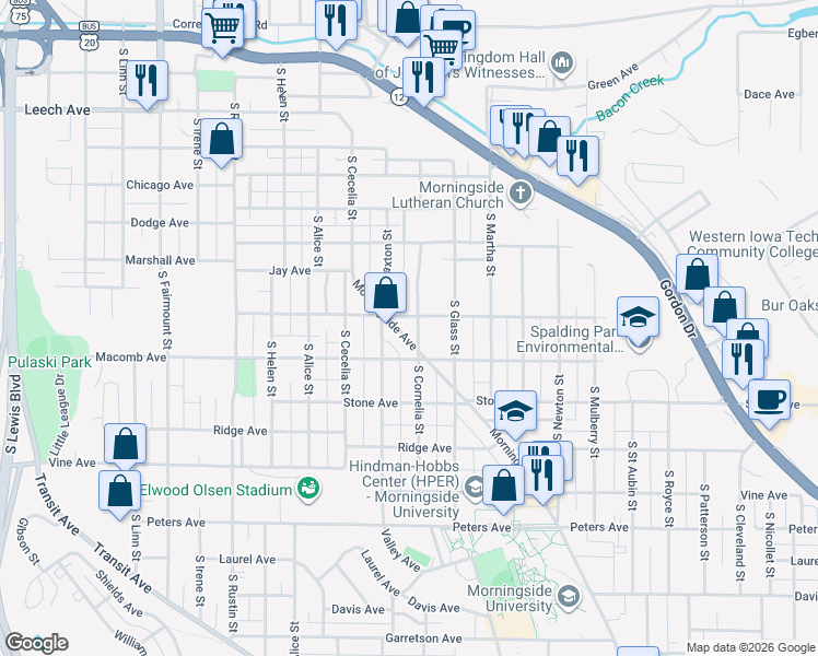 map of restaurants, bars, coffee shops, grocery stores, and more near 1001 South Cornelia Street in Sioux City