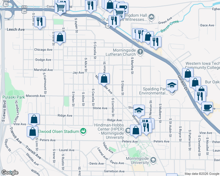 map of restaurants, bars, coffee shops, grocery stores, and more near 1001 South Cornelia Street in Sioux City