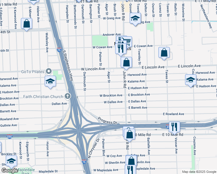 map of restaurants, bars, coffee shops, grocery stores, and more near 302 West Hudson Avenue in Madison Heights