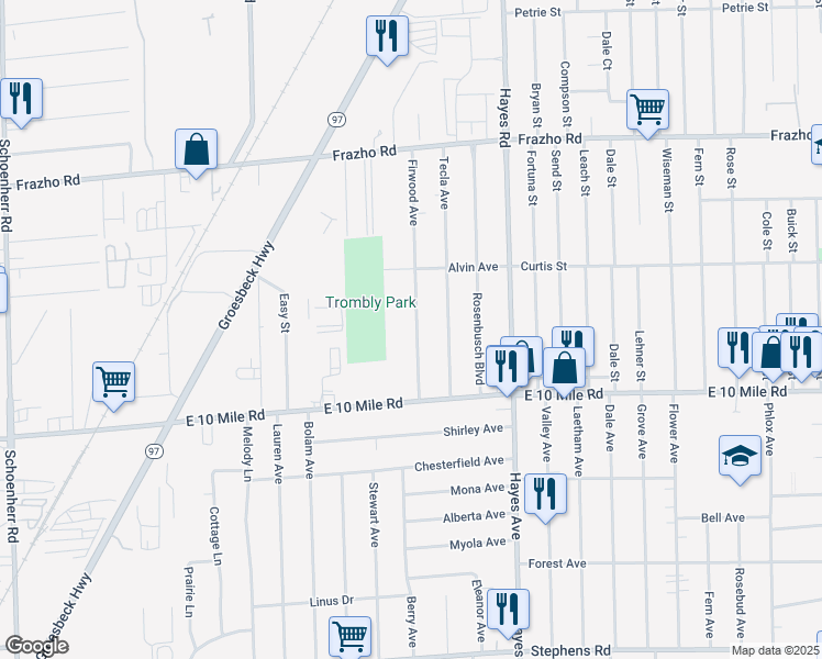 map of restaurants, bars, coffee shops, grocery stores, and more near 25185 Firwood Avenue in Warren