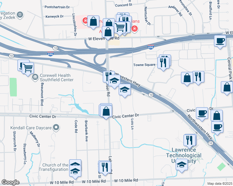 map of restaurants, bars, coffee shops, grocery stores, and more near 26400 Lahser Road in Southfield