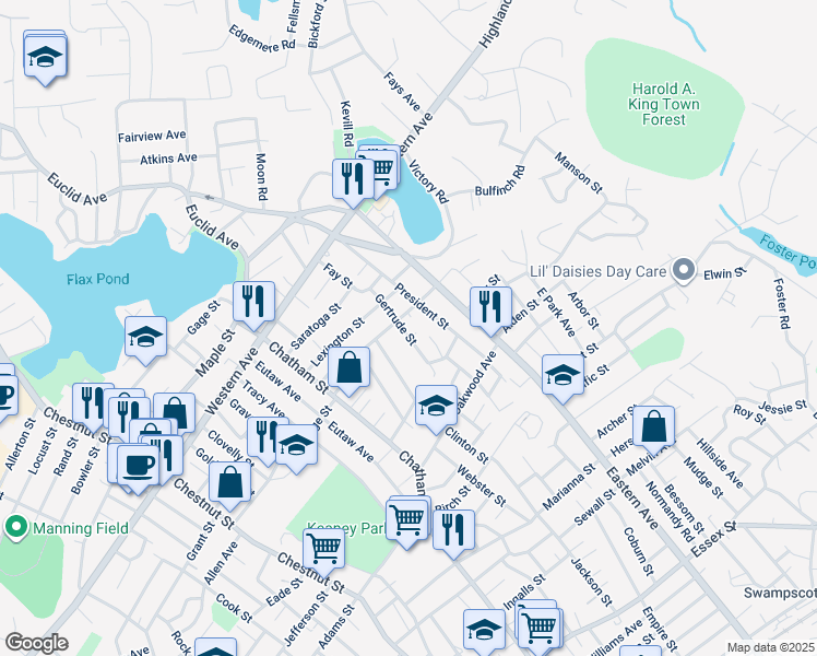 map of restaurants, bars, coffee shops, grocery stores, and more near 50 Gertrude Street in Lynn