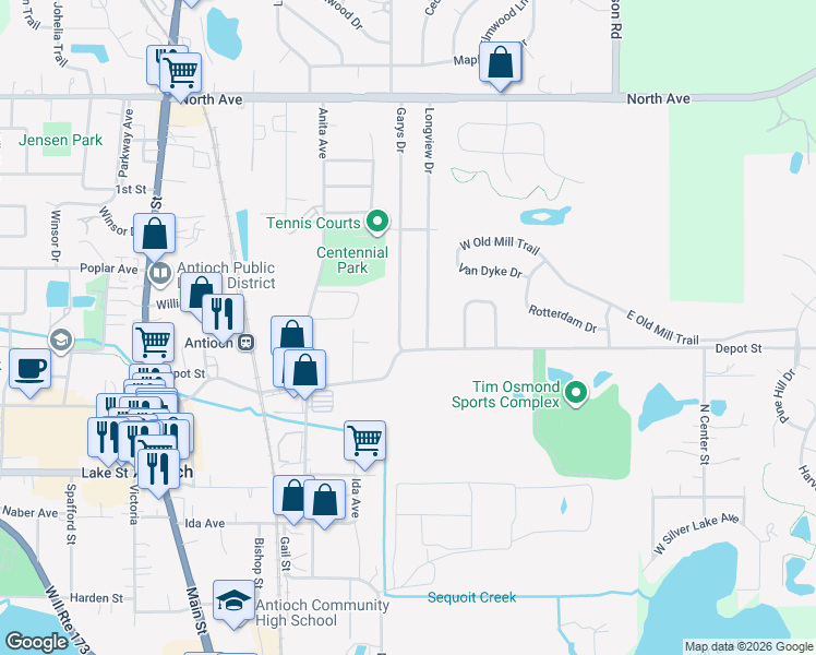 map of restaurants, bars, coffee shops, grocery stores, and more near 673 Garys Drive in Antioch