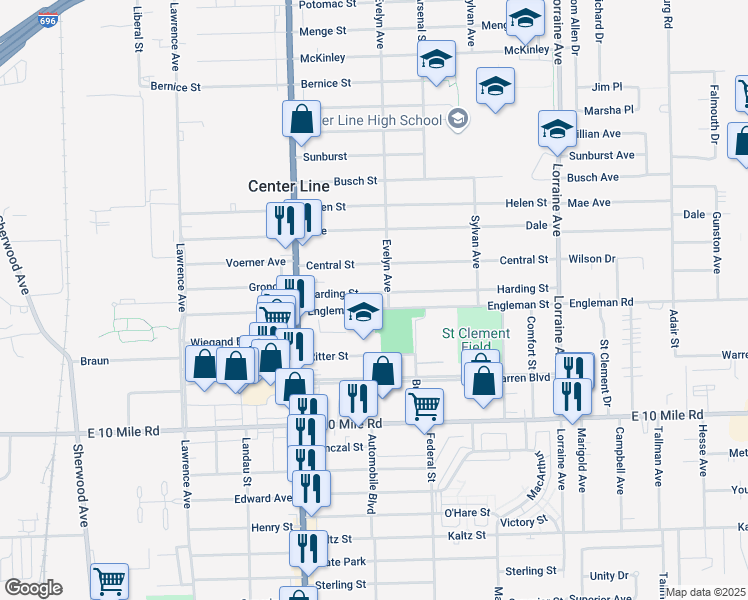 map of restaurants, bars, coffee shops, grocery stores, and more near 8192 Harding in Center Line