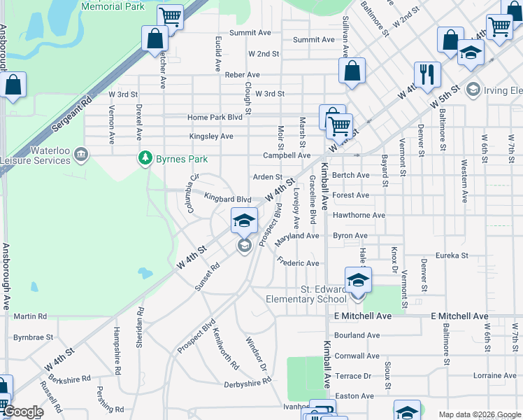 map of restaurants, bars, coffee shops, grocery stores, and more near 2107 West 4th Street in Waterloo