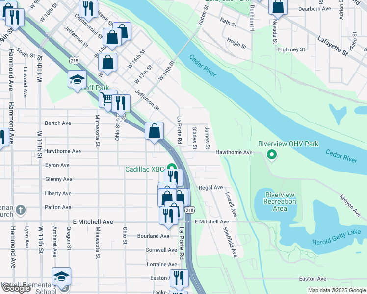 map of restaurants, bars, coffee shops, grocery stores, and more near 447 La Porte Road in Waterloo