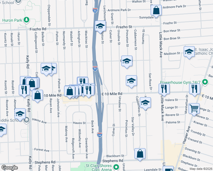 map of restaurants, bars, coffee shops, grocery stores, and more near 25300 Winton St in St Clair Shores