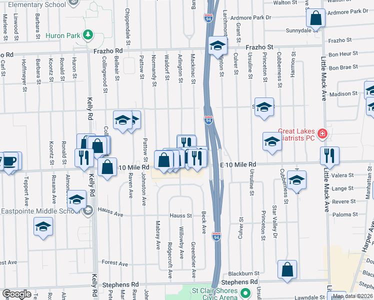 map of restaurants, bars, coffee shops, grocery stores, and more near 25123 Mackinac Street in Roseville