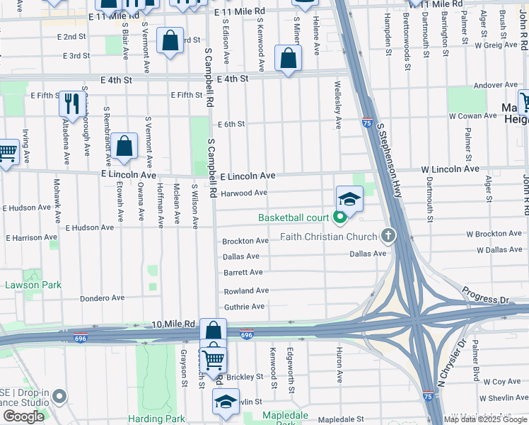 map of restaurants, bars, coffee shops, grocery stores, and more near 1920 Kalama Avenue in Royal Oak