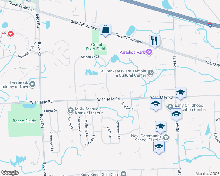 map of restaurants, bars, coffee shops, grocery stores, and more near 26128 Mandalay Circle in Novi