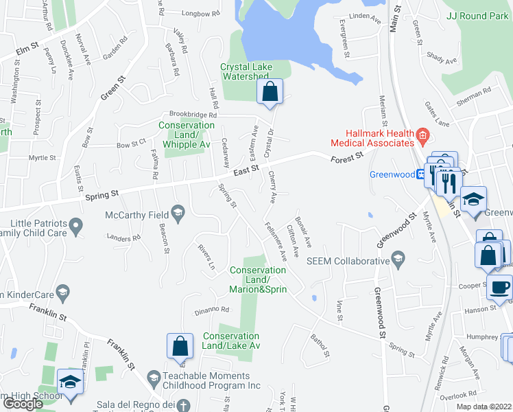 map of restaurants, bars, coffee shops, grocery stores, and more near 14 Whittemore Ln in Stoneham
