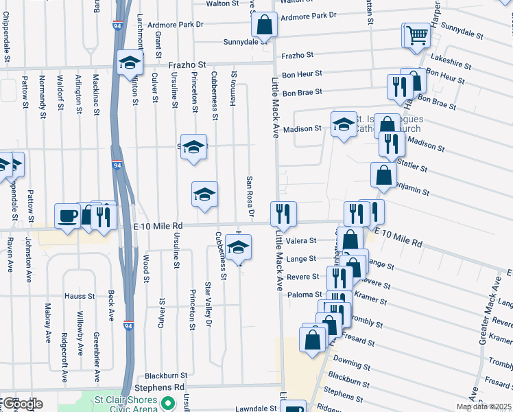 map of restaurants, bars, coffee shops, grocery stores, and more near 25305 Little Mack Avenue in St. Clair Shores