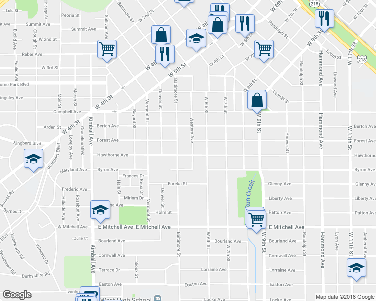 map of restaurants, bars, coffee shops, grocery stores, and more near 1118 Western Avenue in Waterloo