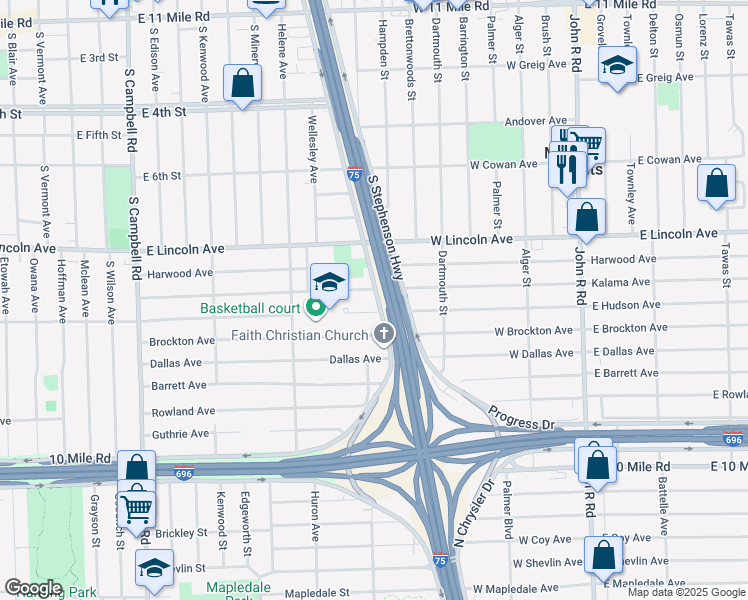 map of restaurants, bars, coffee shops, grocery stores, and more near 1112 South Stephenson Highway in Royal Oak