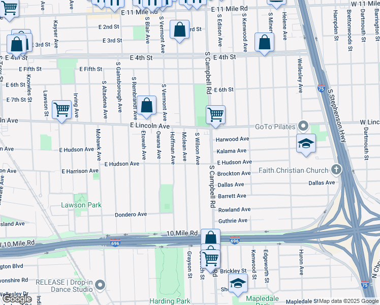 map of restaurants, bars, coffee shops, grocery stores, and more near 1007 McLean Avenue in Royal Oak