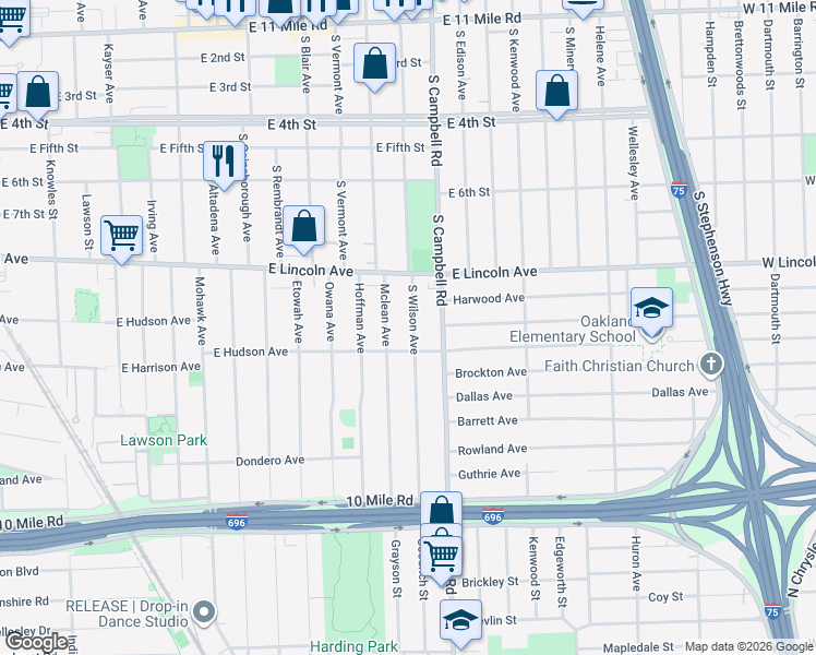 map of restaurants, bars, coffee shops, grocery stores, and more near 1006 South Wilson Avenue in Royal Oak