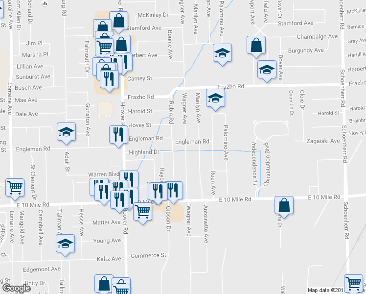 map of restaurants, bars, coffee shops, grocery stores, and more near 25339 Wagner Avenue in Warren