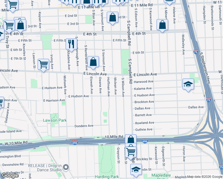 map of restaurants, bars, coffee shops, grocery stores, and more near 1007 Hoffman Ave in Royal Oak