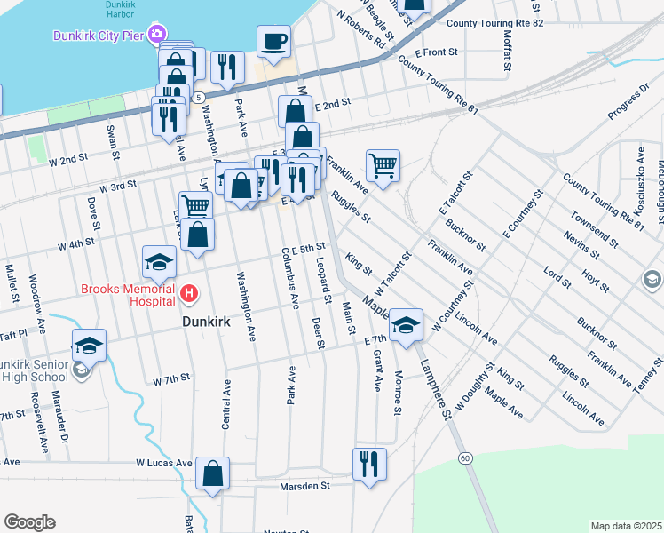 map of restaurants, bars, coffee shops, grocery stores, and more near 517 Main Street in Dunkirk
