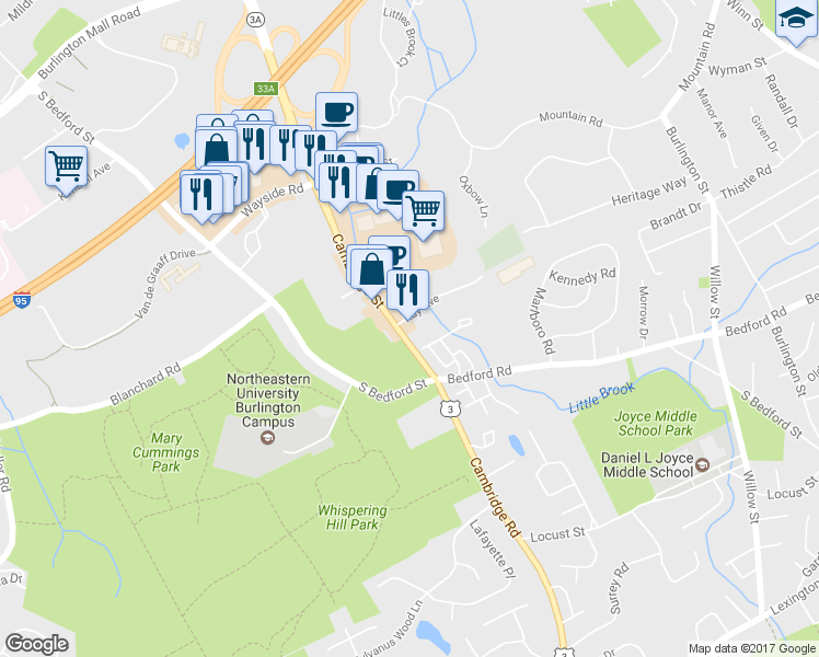 map of restaurants, bars, coffee shops, grocery stores, and more near 6 Cambridge Street in Burlington