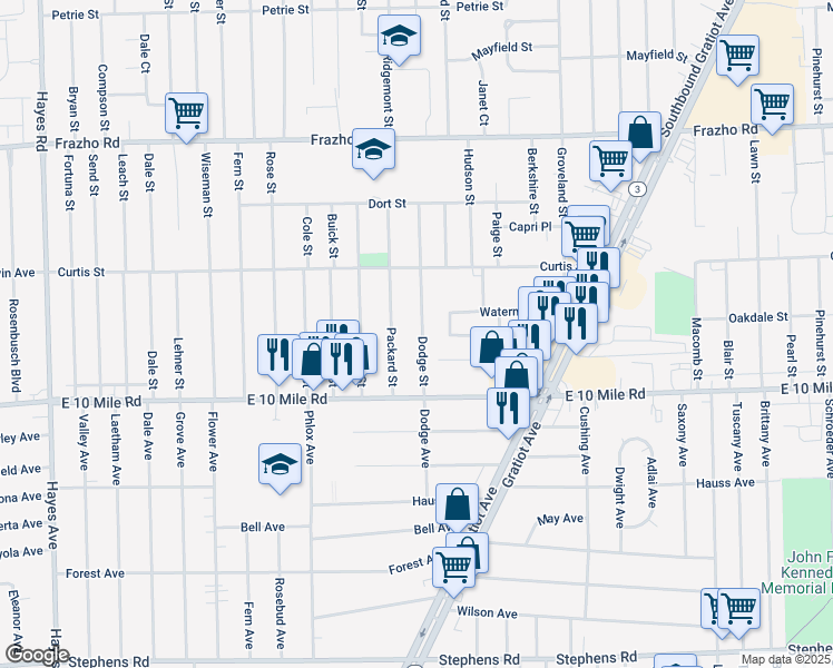 map of restaurants, bars, coffee shops, grocery stores, and more near 25191 Dodge St in Roseville
