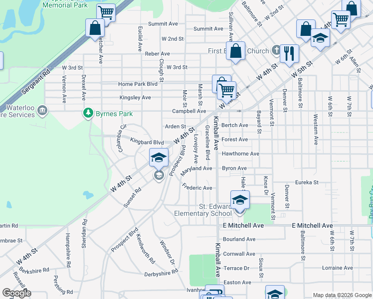 map of restaurants, bars, coffee shops, grocery stores, and more near 131 Prospect Boulevard in Waterloo