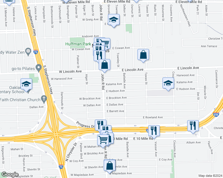 map of restaurants, bars, coffee shops, grocery stores, and more near 53 East Hudson Avenue in Madison Heights
