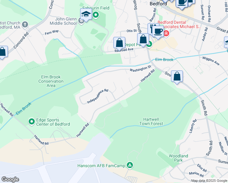 map of restaurants, bars, coffee shops, grocery stores, and more near 3 Patriot Circle in Bedford