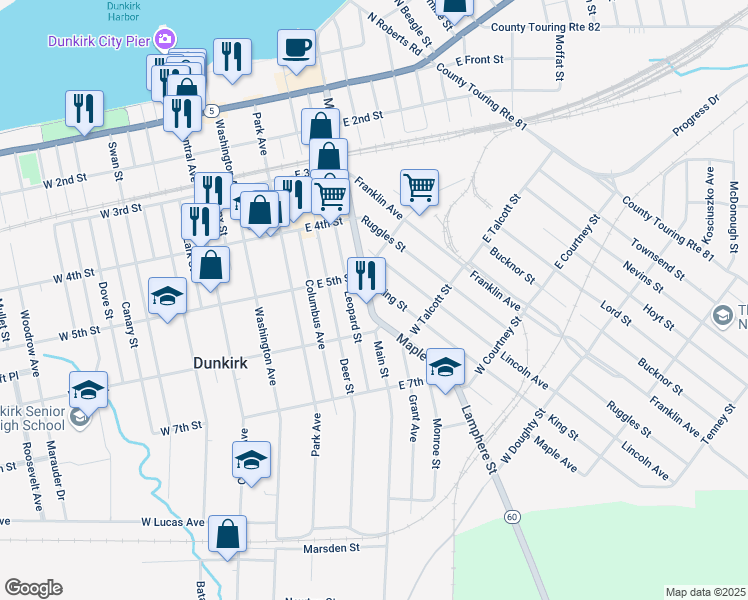 map of restaurants, bars, coffee shops, grocery stores, and more near 516 Main Street in Dunkirk