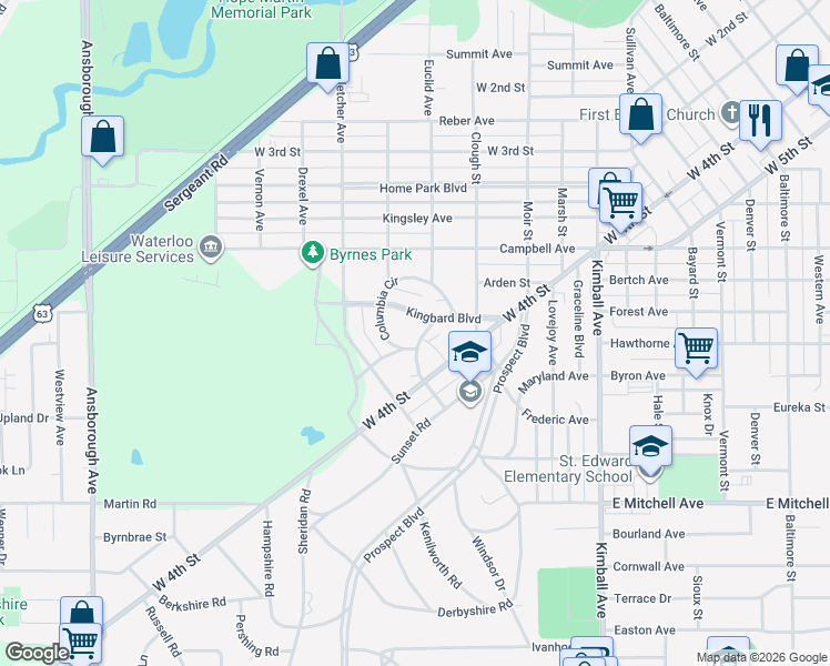 map of restaurants, bars, coffee shops, grocery stores, and more near 511 Columbia Circle in Waterloo