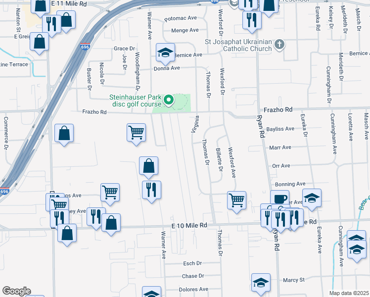 map of restaurants, bars, coffee shops, grocery stores, and more near 25518 Doncea Drive in Warren