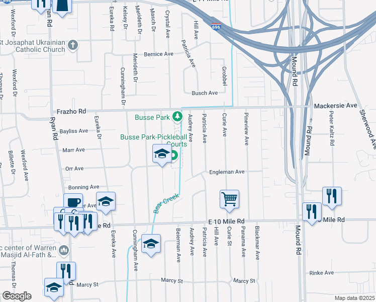 map of restaurants, bars, coffee shops, grocery stores, and more near 25527 Audrey Avenue in Warren