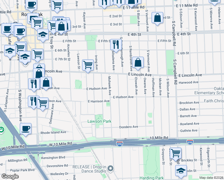 map of restaurants, bars, coffee shops, grocery stores, and more near 1007 Mohawk Avenue in Royal Oak