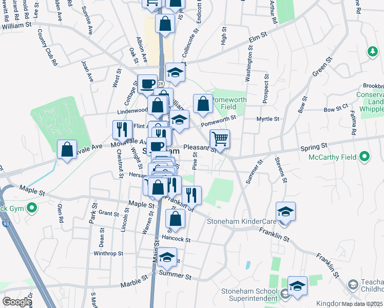 map of restaurants, bars, coffee shops, grocery stores, and more near 4 Pine Street in Stoneham