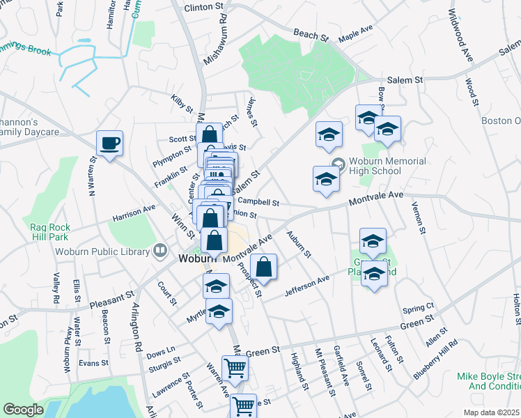 map of restaurants, bars, coffee shops, grocery stores, and more near 53 Campbell Street in Woburn