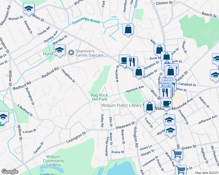 map of restaurants, bars, coffee shops, grocery stores, and more near 12 Grove Street in Woburn