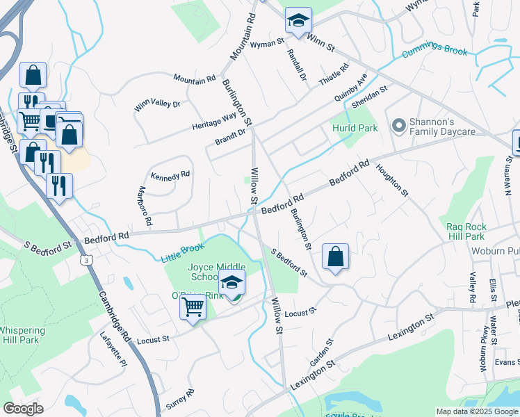 map of restaurants, bars, coffee shops, grocery stores, and more near 137 Bedford Road in Woburn