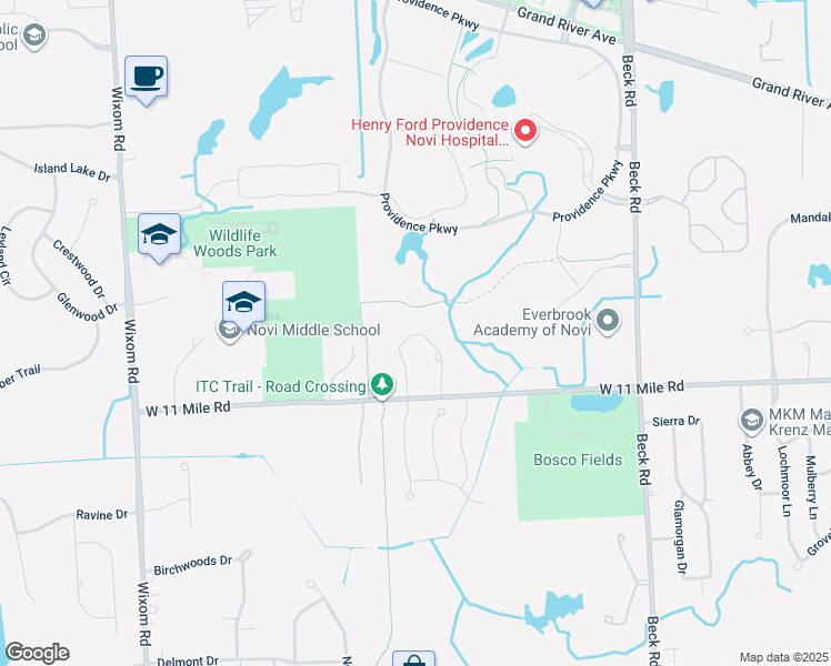 map of restaurants, bars, coffee shops, grocery stores, and more near ITC Trail in Novi