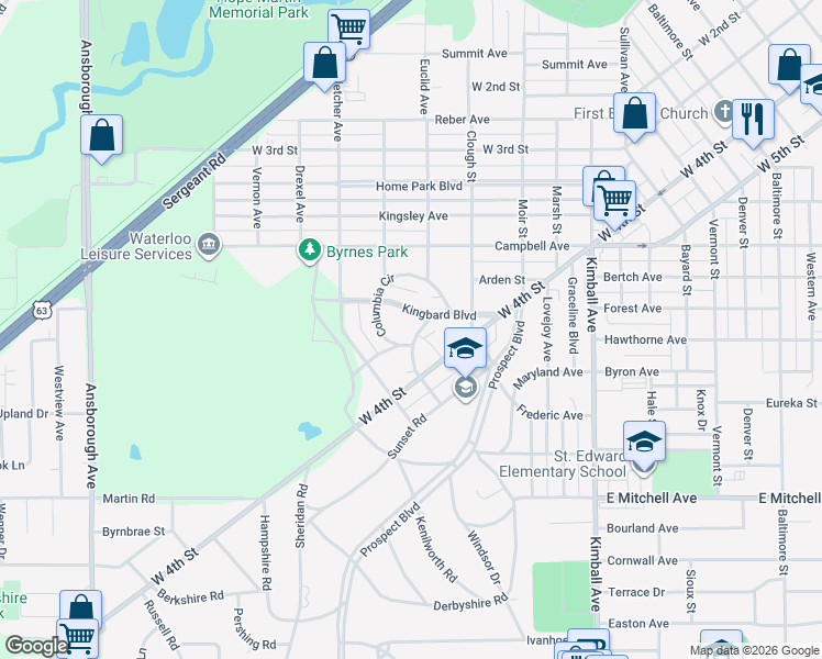 map of restaurants, bars, coffee shops, grocery stores, and more near 511 Columbia Circle in Waterloo