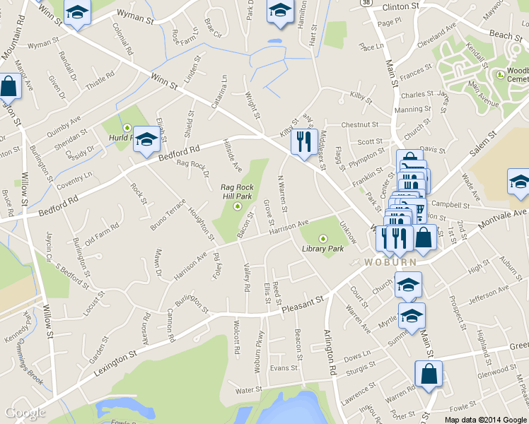 map of restaurants, bars, coffee shops, grocery stores, and more near 12 Grove Street in Woburn