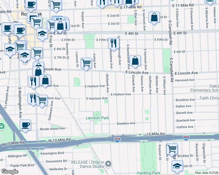 map of restaurants, bars, coffee shops, grocery stores, and more near 1007 Mohawk Avenue in Royal Oak