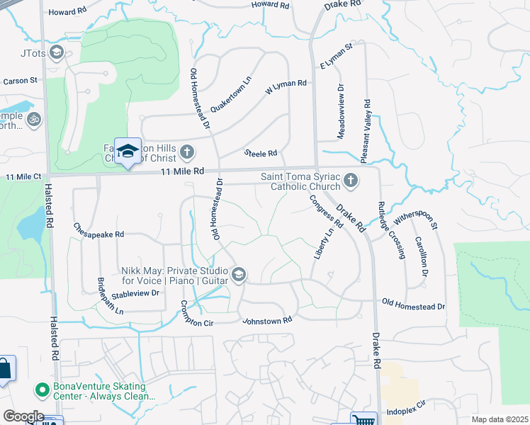 map of restaurants, bars, coffee shops, grocery stores, and more near 25800 Glover Court in Farmington Hills