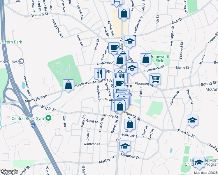 map of restaurants, bars, coffee shops, grocery stores, and more near 65 Wright Street in Stoneham