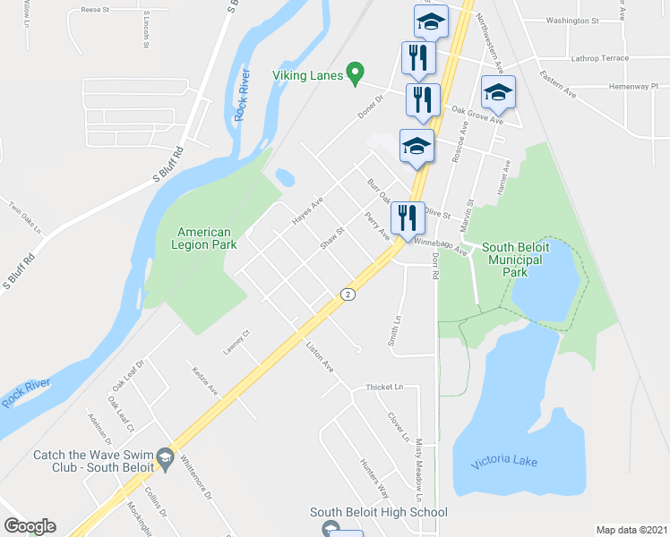 map of restaurants, bars, coffee shops, grocery stores, and more near 348 Fair Oaks Boulevard in South Beloit
