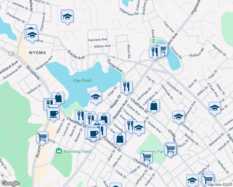 map of restaurants, bars, coffee shops, grocery stores, and more near 11 Wyers Court in Lynn