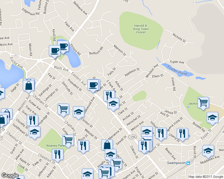 map of restaurants, bars, coffee shops, grocery stores, and more near 32 E Park Ave in Lynn