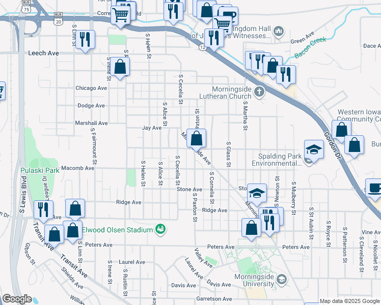 map of restaurants, bars, coffee shops, grocery stores, and more near 1005 South Paxton Street in Sioux City